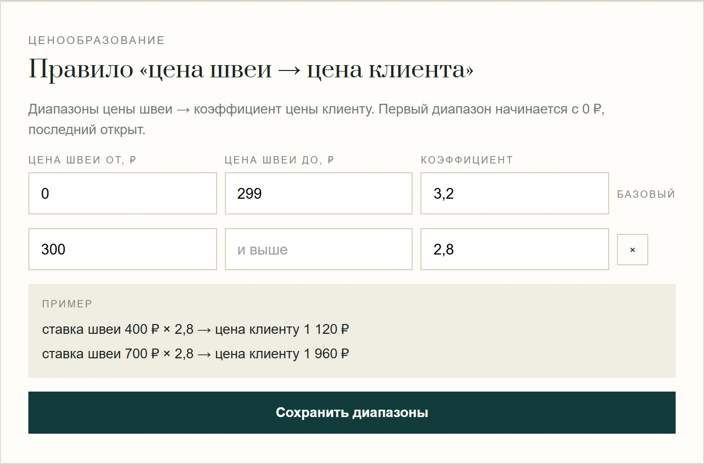 Настройки: правило «цена швеи → цена клиента» — редактируемые диапазоны и коэффициенты